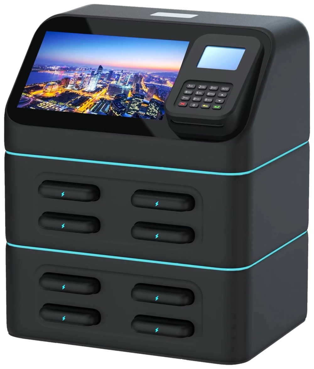 MIDNYXHT black charging kiosk with touchscreen display and eight charging slots